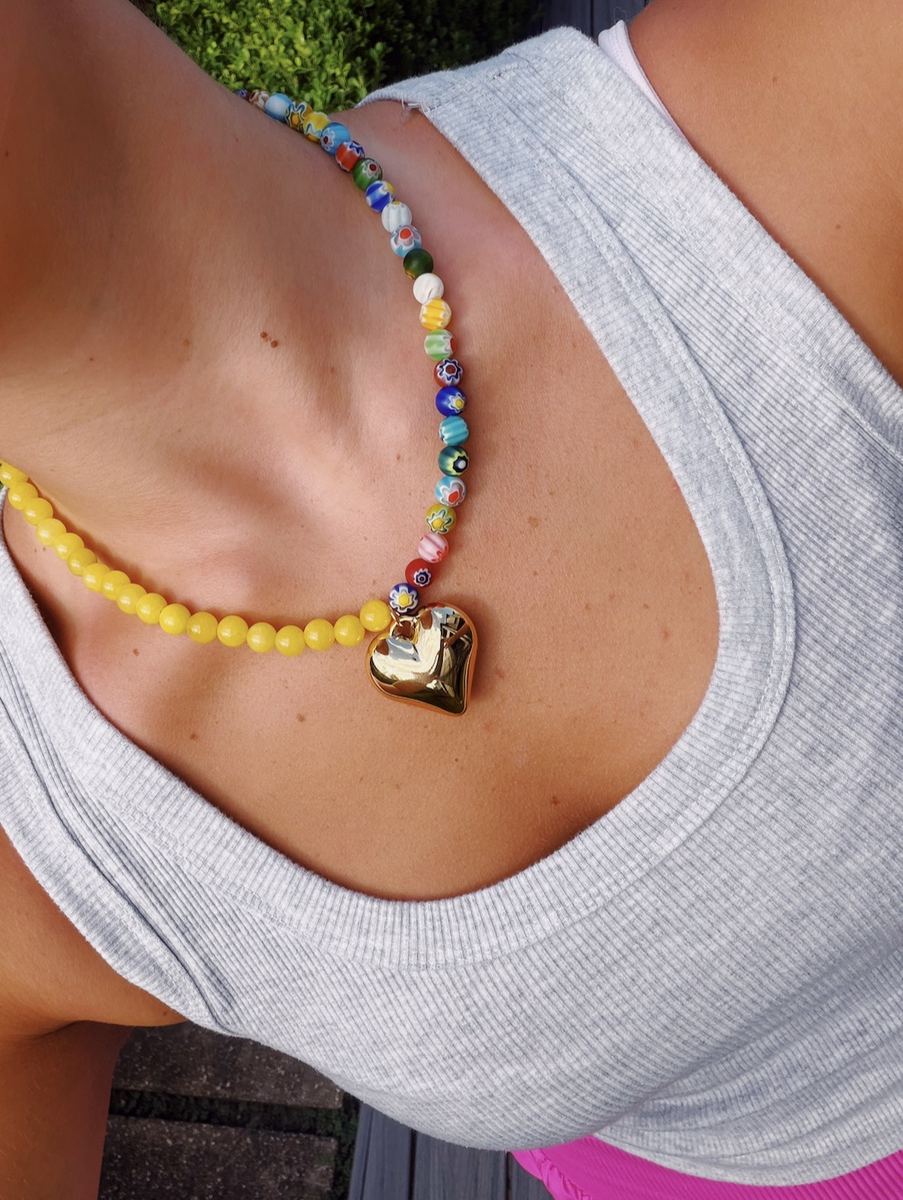 Millefiori bead necklace with heart pendant